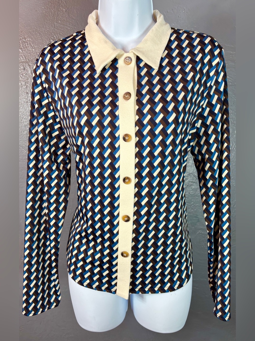 Melloday Geometric Button-Up Collared Long-Sleeve Blouse Size M
